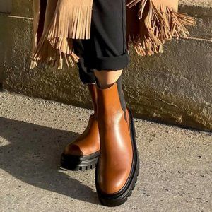 Zara Low Heeled Lug Sole Leather Ankle Boots